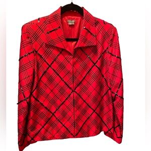 Anthracite woman’s red silk‎ blazer with black sequins size 10